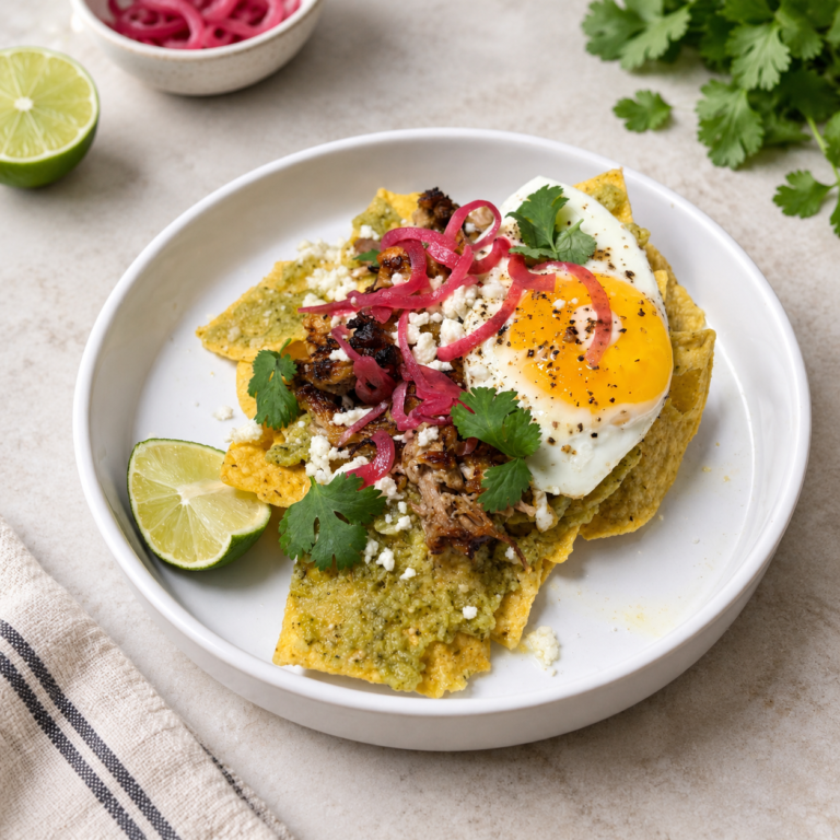Chilaquiles Verdes with Crispy Carnitas and Fried Egg