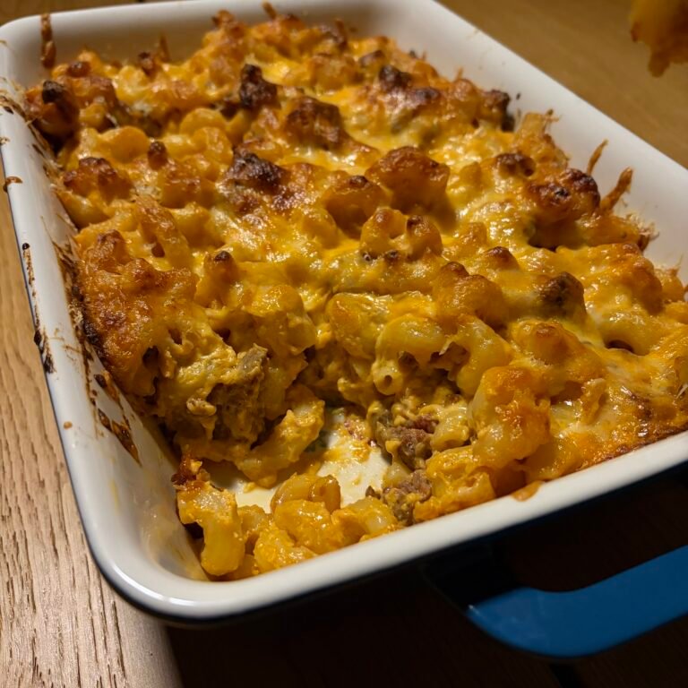 Caramelized Onion & Sausage Mac and Cheese Bake