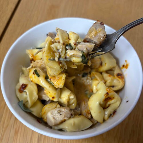 Brown butter sage tortellini with seared chicken, topped with chili crisp and shaved Parmesan